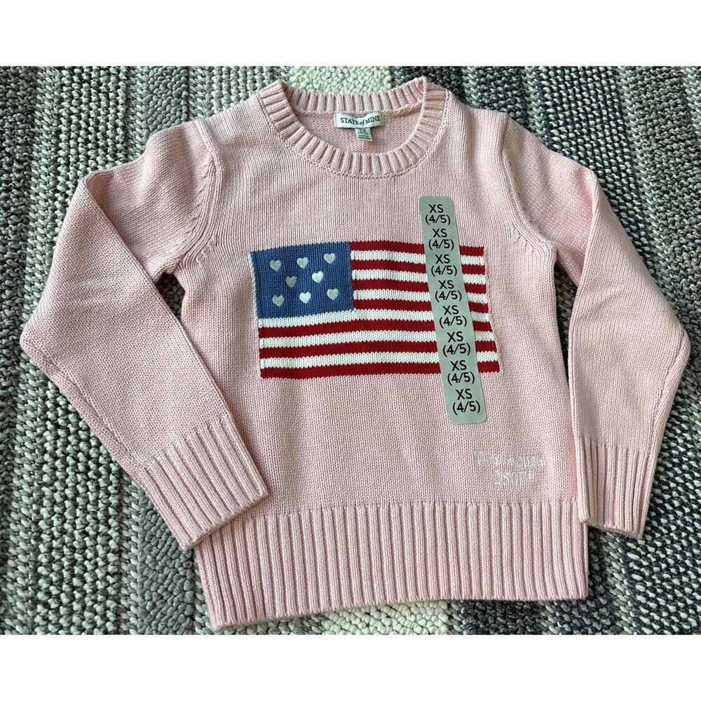 American Flag Striped Knit Pullover Sweater Pastel Pink Black Long Sleeve Top